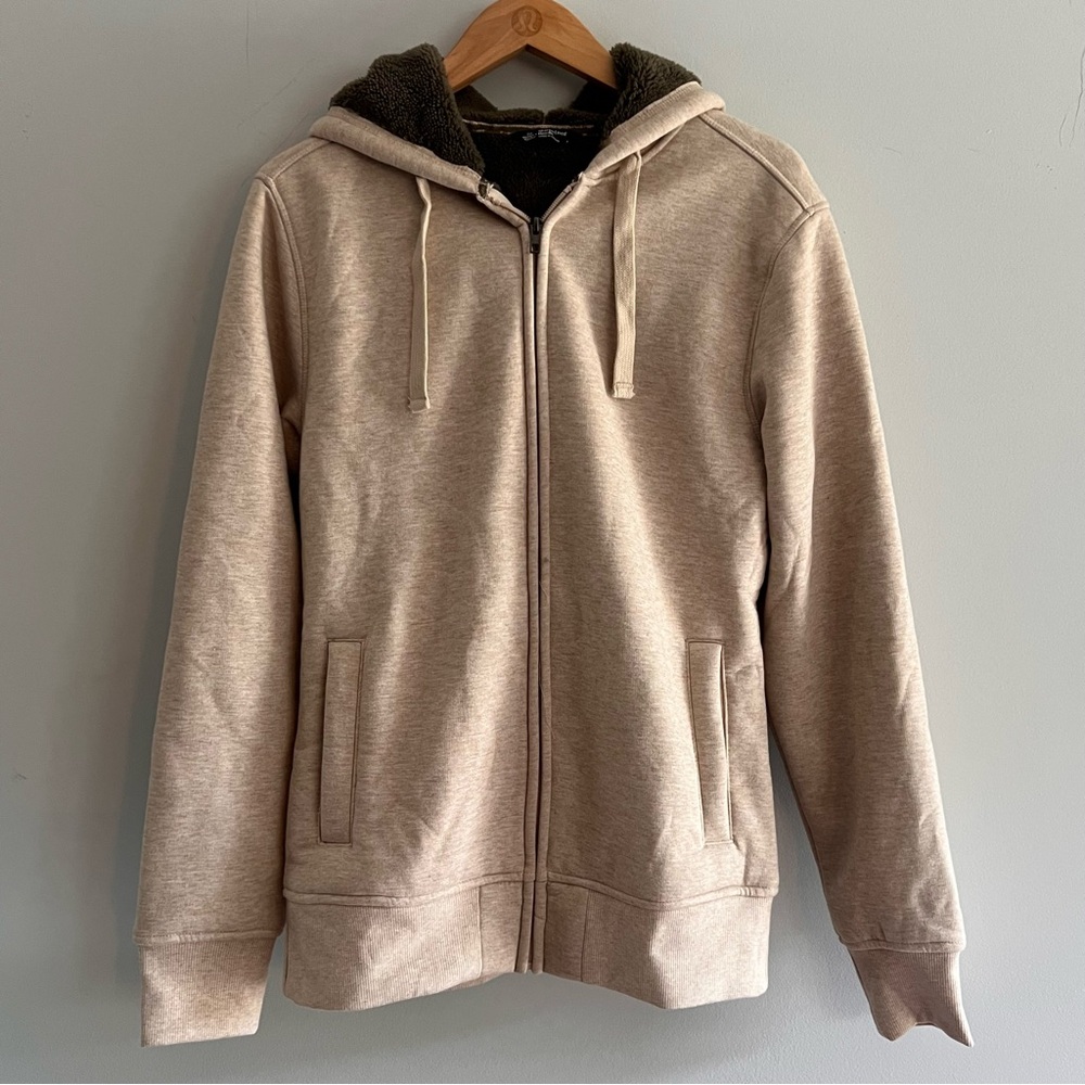 Zip up hoodie, Sherpa lined, tan and grey, never worn, size small